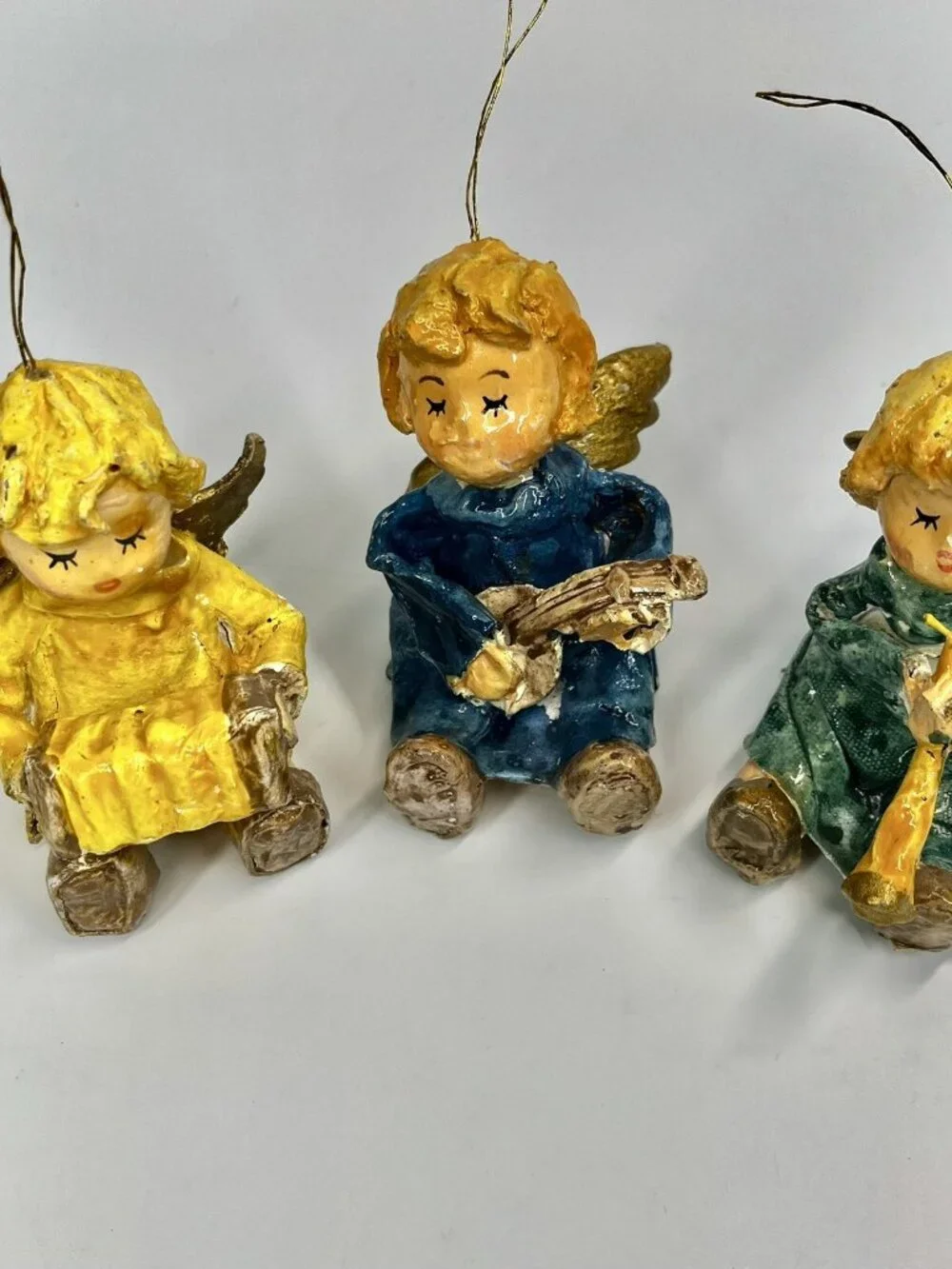 VTG Paper Mache Christmas Angel Ornament Playing Instrument Holiday Lot Of 3